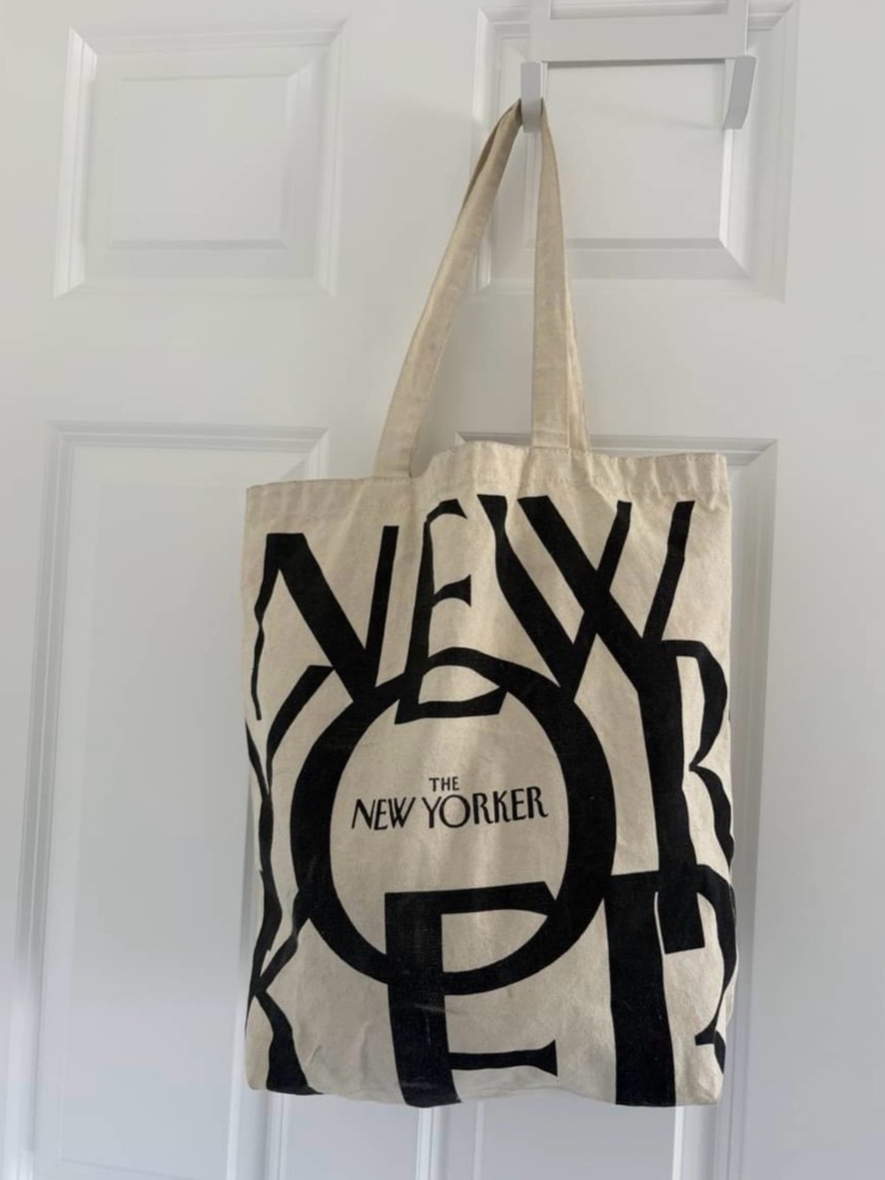 The New Yorker Canvas Tote Bag in Natural with Black Print